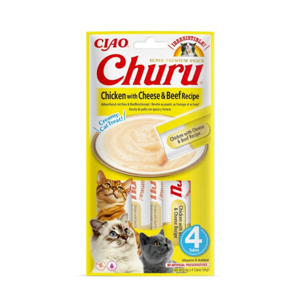 CHURU Receta de Pollo con Queso y Ternera (4x14 gr) - Snack Cremoso para Gatos Adultos