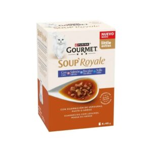 GOURMET Soup Royale Salmón, Bacalao y Solla (6×45 gr) - Alimento Húmedo Complementario para Gatos Adultos