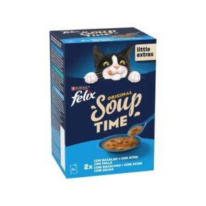 FELIX Soup Time Original Bacalao, Atún y Solla (6x48 gr) - Alimento Húmedo Complementario para Gatos Adultos