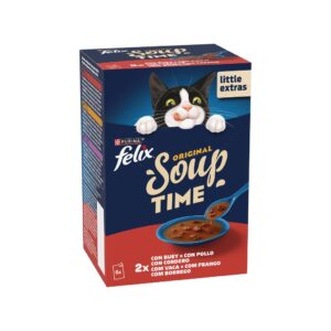 FELIX Soup Time Original Buey, Pollo y Cordero (6x48 gr) - Alimento Húmedo Complementario para Gatos Adultos