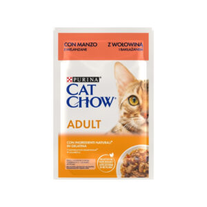 CAT CHOW Adult Buey con Berenjena (85 gr) - Alimento Húmedo Completo para Gatos Adultos de Trocitos en Gelatina