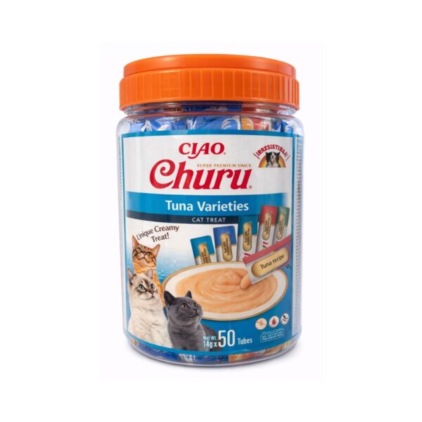 CHURU Variedad de Atún (50x14 gr) - Snack Cremoso para Gatos Adultos con Atún, Pollo y Salmón sin Cereales y Alto contenido de Humedad