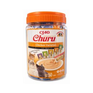 CHURU Variedad de Pollo (50x14 gr) - Snack Cremoso para Gatos Adultos con Pollo, Cinco Sabores, Sin Cereales, con Vitamina E y Alta Humedad