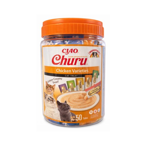 CHURU Variedad de Pollo (50x14 gr) - Snack Cremoso para Gatos Adultos con Pollo, Cinco Sabores, Sin Cereales, con Vitamina E y Alta Humedad