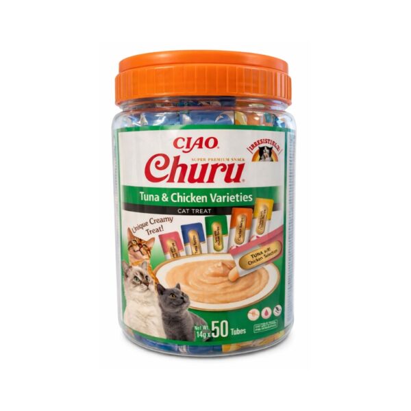 CHURU Variedad Atún y Pollo (50x14 gr) - Snack Húmedo Cremoso para Gatos Adultos con Atún y Pollo, Alto en Humedad, Sin Cereales, con Taurina y Vitamina E