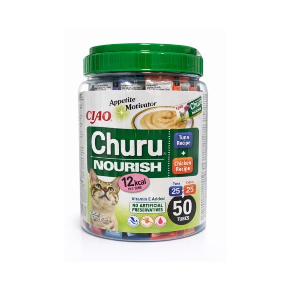 CHURU Nourish Atún y Pollo (50x14 gr) - Snack Cremoso Bajo en Calorías para Gatos Adultos, con Atún y Pollo, Sin Cereales, con Taurina y Vitamina E