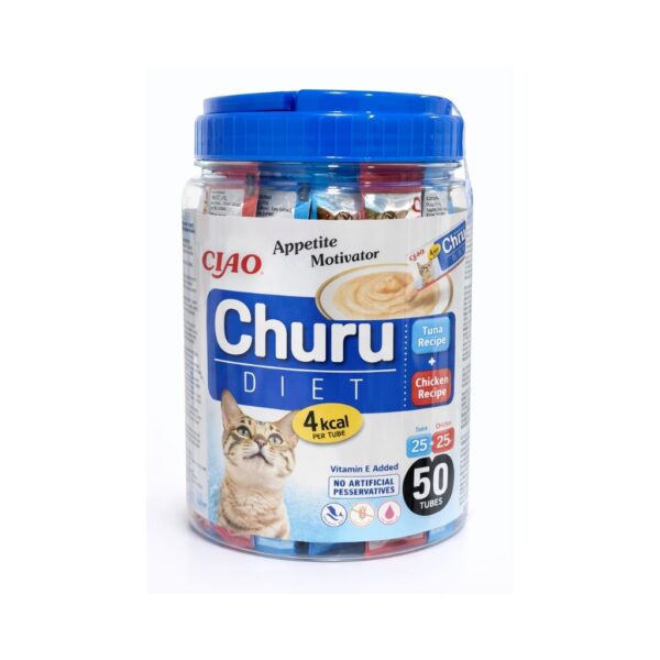 CHURU Diet Appetite Motivator Atún y Pollo (50x14 gr) - Snack Cremoso Bajo en Calorías para Gatos Adultos, con Atún y Pollo, Sin Cereales, con Taurina y Vitamina E