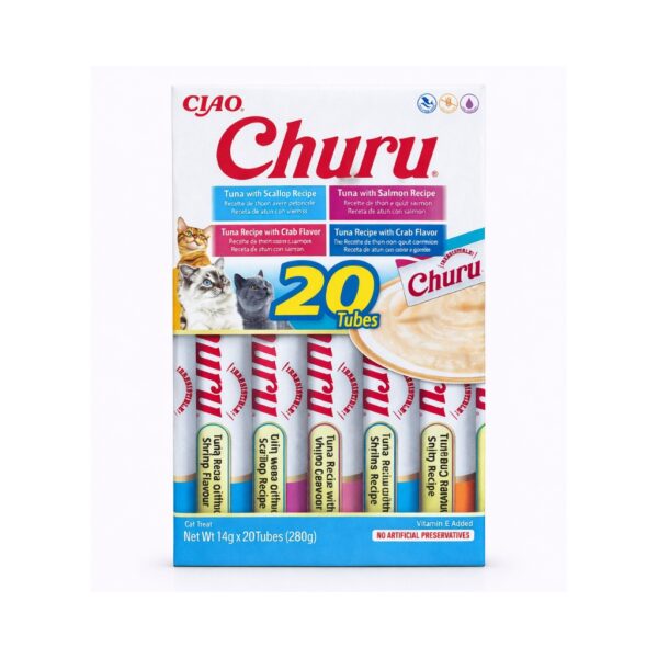 CHURU Variedad de Atún y Mariscos (20x14 gr) - Snack Cremoso Húmedo Complementario para Gatos (Atún con Vieira, Atún con Salmón, Atún con Cangrejo y Atún con Gamba)