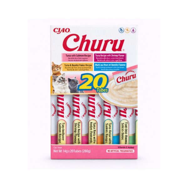 CHURU Variedad de Atún y Mariscos (20x14 gr) - Snack Cremoso Húmedo Complementario para Gatos (Atún con Salmón, Atún con Gamba, Atún con Virutas de Bonito y Atún con Sabor a Marisco)