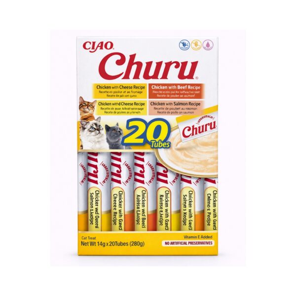 CHURU Variedad de Pollo (20x14 gr) - Snack Cremoso Húmedo Complementario para Gatos (Pollo con Queso, Pollo con Ternera, Pollo con Queso y Ternera, Pollo con Salmón)