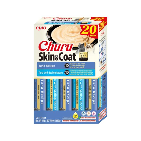 CHURU Skin & Coat Variedad de Atún (20x14 gr) - Snack Cremoso para Gatos para el Cuidado de la Piel y el Pelaje (Atún, Atún con Vieira)