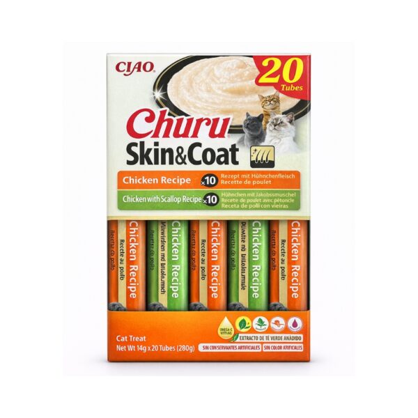 CHURU Skin & Coat Variedad de Pollo (20x14 gr) - Snack Cremoso para Gatos para el Cuidado de la Piel y el Pelaje (Pollo y Pollo con Vieira)