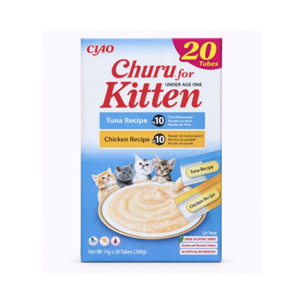 CHURU Kitten Variedad Atún y Pollo (20x14 gr) - Snack Cremoso Húmedo Complementario para Gatitos (Atún y Pollo)