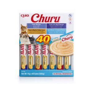 CHURU Variedad de Atún (40x14 gr) - Snack Cremoso Húmedo Complementario para Gatos (Atún, Atún con Ternera, ATún con Virutas de Bonito y Atún con sabor a Marisco)