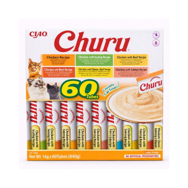 CHURU Variedad de Pollo (60x14 gr) - Snack Cremoso Húmedo Complementario para Gatos (Pollo, Pollo con Vieira, Pollo con Queso, Pollo con Ternera, Pollo con Queso y Ternera, Pollo con Salmón)