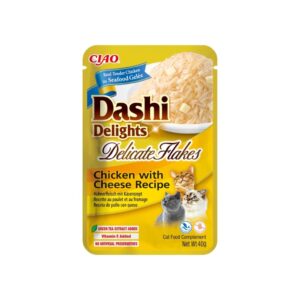DASHI DELIGHTS Delicate Flakes Pollo con Queso (40 gr) - Alimento Húmedo Complementario en Tiras finas en Caldo para Gatos