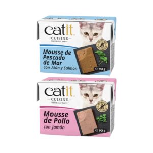 CATIT Cuisine Mousse (90 gr) - Alimento Húmedo Completo Sin Cereales para Gatos en Textura Suave (Pescado de Mar con Atún y Salmón ó Pollo con Jamón)