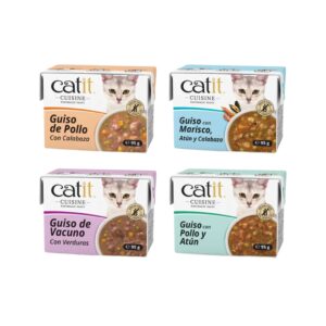 CATIT Cuisine Guiso (95 gr) - Comida Complementaria Sin Cereales para Gatos con Carne y Verduras en Caldo (Pollo con Calabaza, Marisco y Atún con Calabaza, Vacuno con Vegetales, Pollo y Atún con Vegetales)
