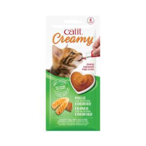 CATIT Creamy (4x10 gr) - Snack Cremoso Hidratante con Taurina para Gatos (Pollo, Pollo y Cordero, Salmón y Gambas ó Atún)