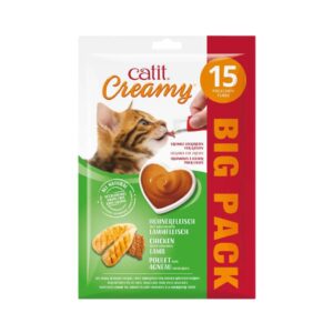 CATIT Creamy (15x10 gr) - Snack Cremoso Hidratante con Taurina para Gatos (Pollo, Pollo y Cordero, Salmón y Gambas, Atún ó Multipack)