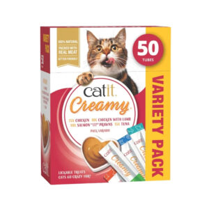 CATIT Creamy (50x10 gr) - Snack Cremoso Hidratante con Taurina para Gatos (Pollo, Pollo y Cordero, Salmón y Gambas, Atún ó Multipack)