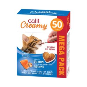CATIT Creamy (50x10 gr) - Snack Cremoso Hidratante con Taurina para Gatos (Pollo, Pollo y Cordero, Salmón y Gambas, Atún ó Multipack)