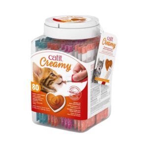 CATIT Creamy Bote (80x10 gr) - Snacks Cremosos Hidratante con para Gatos (Pollo, Pollo y Cordero, Salmón y Gambas, Atún)