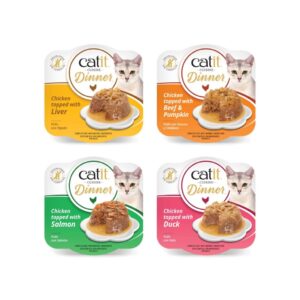 CATIT Cuisine Dinner Doble Capa (75 gr) - Alimento Húmedo Completo Sin Cereales para Gatos con Pollo en Salsa (Pato, Salmón, Vacuno y Calabaza, Hígado)