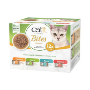 CATIT Cuisine Bites Pack Variado (12x75 gr) - Alimento Húmedo Completo Sin Cereales para Gatos con Trocitos en Salsa (Pollo, Pato, Atún ó Salmón)