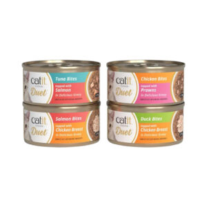 CATIT Cuisine Duet (75 gr) - Alimento Húmedo Completo Sin Cereales para Gatos con Trocitos en Salsa y Toppings de Carne o Marisco (Pollo con Gambas, Pato con Pollo, Atún con Salmón ó Salmón con Pollo)