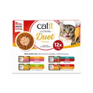 CATIT Cuisine Duet Pack Variado (12x75 gr) - Alimento Húmedo Completo Sin Cereales para Gatos con Trocitos en Salsa y Toppings de Carne o Marisco (Pollo con Gambas, Pato con Pollo, Atún con Salmón ó Salmón con Pollo)