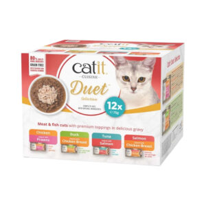 CATIT Cuisine Duet Pack Variado (12x75 gr) - Alimento Húmedo Completo Sin Cereales para Gatos con Trocitos en Salsa y Toppings de Carne o Marisco (Pollo con Gambas, Pato con Pollo, Atún con Salmón ó Salmón con Pollo)