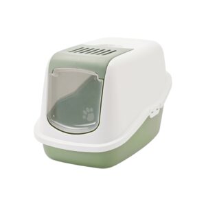 SAVIC Nestor Verde Botánico y Blanco (56x39x38,5 cm) - Arenero Cerrado para Gatos con Puerta Frontal Abatible