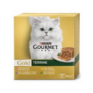 GOURMET Gold Terrine (8x85 gr) - Alimento Húmedo Completo para Gatos Adultos (Salmón, Pollo, Cordero y Pato, Conejo)
