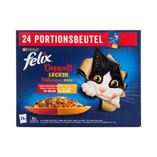 FELIX Deliciosos Duos (24x85 gr) Selección de la Campiña en Gelatina - Alimento Completo para Gatos Adultos (Buey y Aves, Pollo y Riñón, Cordero y Ternera, Pavo e Hígado)