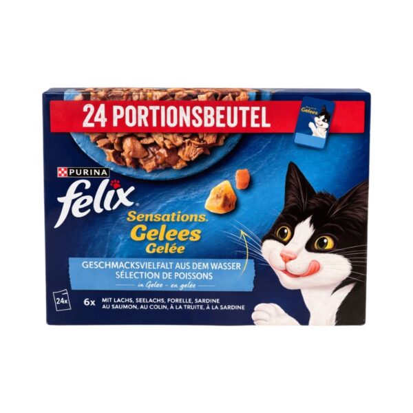 FELIX Sensations Selección de Pescados en Gelatina (24x85 gr) - Alimento Húmedo Completo para Gatos Adultos (Salmón con sabor a Gambas, Abadejo con Tomate, Trucha con Espinacas, Sardina con Zanahoria)