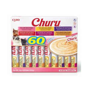 CHURU Variedad de Atún (60x14 gr) - Snack Cremoso Húmedo Complementario para Gatos (Atún con Salmón, Atún con Queso, Atún con Sabor Almeja, Atún con Sabor Cangrejo, Atún con Sabor Gamba, Atún con Virutas de Bonito)