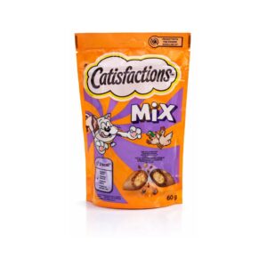 CATISFACTIONS Mix (60 gr) - Snack Premios para Gatos Doble Textura Mixto con Vitaminas y Minerales Sin Aromas Artificiales (Queso y Salmón ó Pollo y Pato)