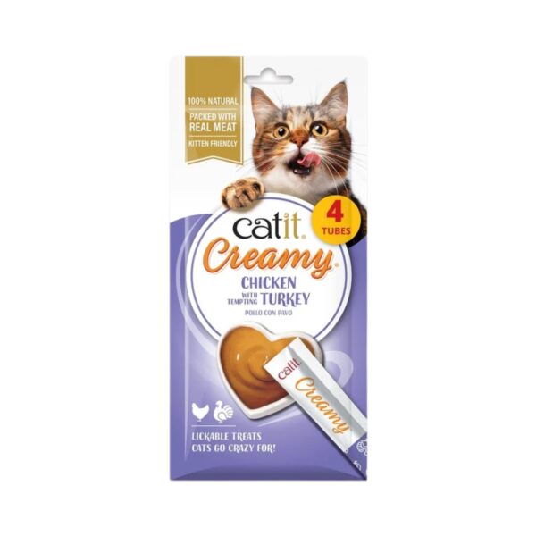 CATIT Creamy (4x10 gr) - Snack Cremoso Hidratante con Taurina para Gatos (Pollo con Pavo, Pollo con Pato, Atún con Sardinas o Atún con Cangrejo)