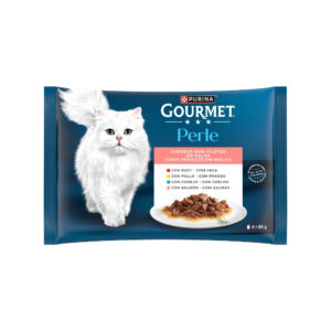 GOURMET Perle (4x85 gr) Finas Láminas en Salsa - Alimento Húmedo Completo para Gatos Adultos (Buey, Pollo, Conejo y Salmón)
