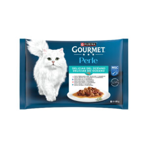 GOURMET Perle (4x85 gr) Finas Láminas en Salsa Delicias del Océano - Alimento Húmedo Completo para Gatos Adultos (Pescado con Gambas)