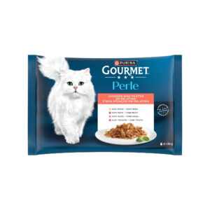 GOURMET Perle (4x85 gr) Finas Láminas en Gelatina Surtido - Alimento Húmedo Completo para Gatos Adultos (Caza, Trucha, Pavo, Pato)