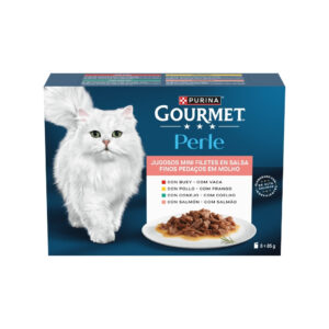 GOURMET Perle (8x85 gr) Finas Láminas en Salsa Surtido - Alimento Húmedo Completo para Gatos Adultos (Buey, Pollo, Conejo y Salmón)