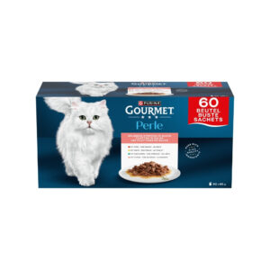GOURMET Perle (60x85 gr) Finas Láminas en Salsa Surtido - Alimento Húmedo Completo para Gatos Adultos (Buey, Pollo, Conejo y Salmón)