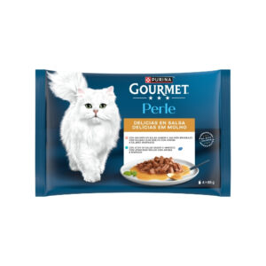GOURMET Perle (4x85 gr) Delicias en Salsa - Alimento Húmedo Completo para Gatos Adultos (Salmón y Atún)