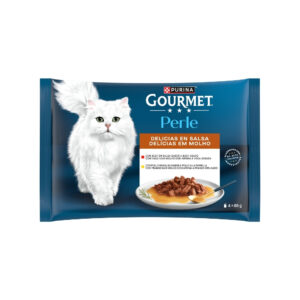 GOURMET Perle (4x85 gr) Delicias en Salsa - Alimento Húmedo Completo para Gatos Adultos (Pollo y Buey)