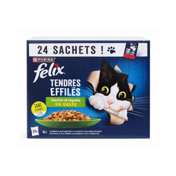 FELIX Selección en Gelatina (24x85 gr) - Alimento Completo para Gatos Adultos con Verduras (Buey, Trucha, Pollo y Salmón)