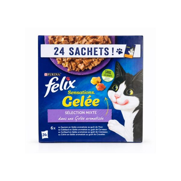 FELIX Sensations Gelatina (24x85 gr) - Alimento Completo para Gatos Adultos con Verduras (Pavo, Buey, Pescado y Salmón)