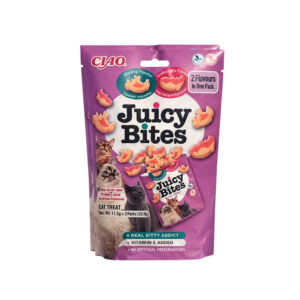 CIAO Juicy Bites (3x11,3 gr) - Snack Húmedo para Gatos Sin Gluten Sin Conservantes con Vitamina E y Extracto de Té Verde (Gamba con Mix de Mariscos)