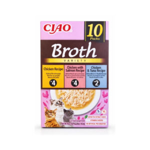 CIAO Broth Variety (10x40 gr) - Caldo Complementario para Gatos Sin Cereales con Extracto de Té Verde y Vitamina E (Pollo, Pollo con Salmón y Pollo con Atún)